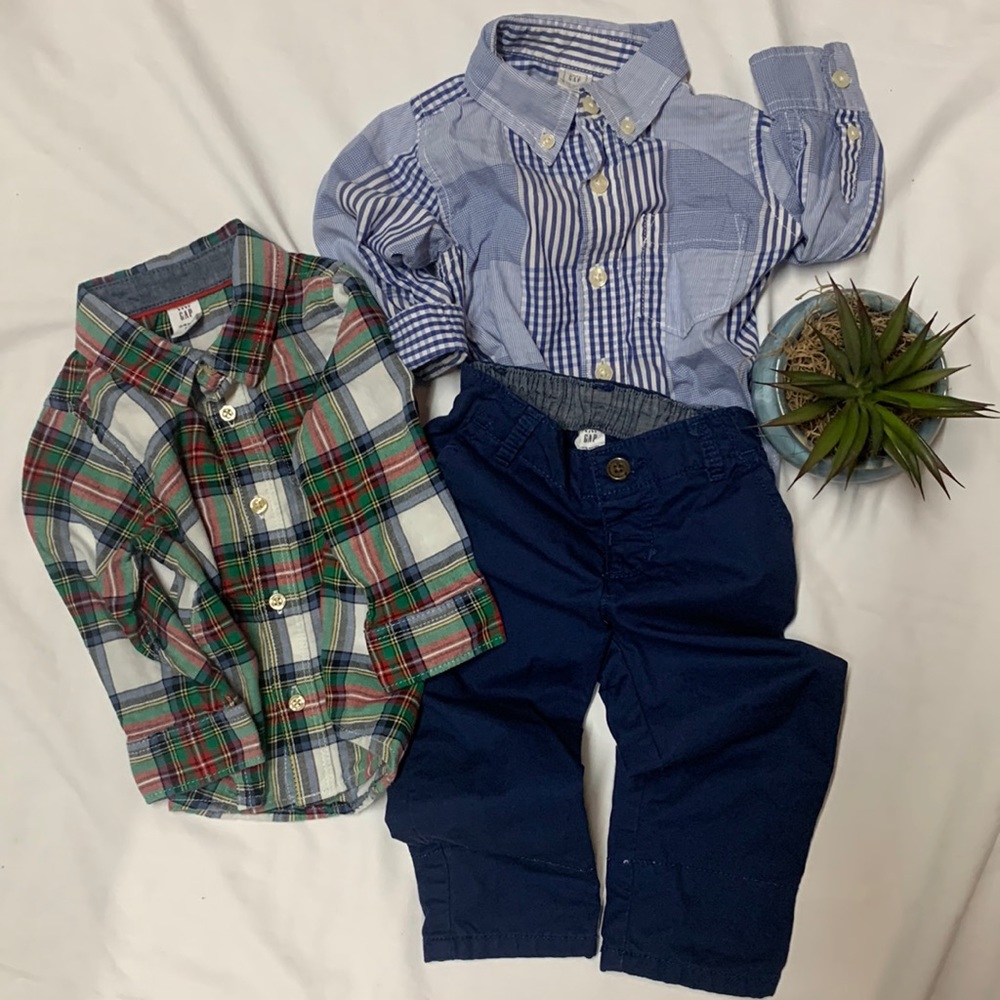Boys Baby Gap pants and 2 shirts. Size 12-18 month. Navy chinos and plaid shirts